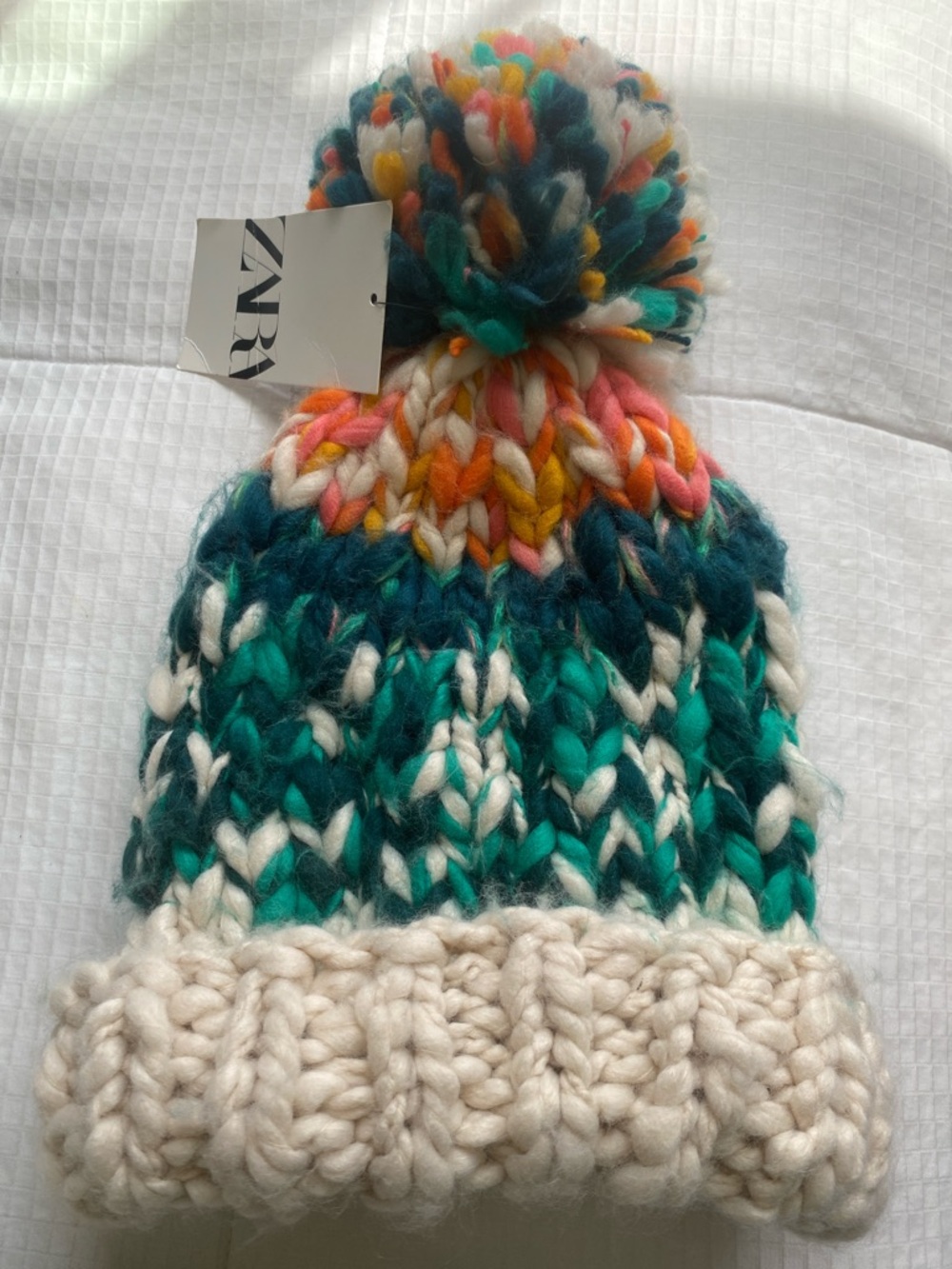 ZARA Cream, Teal & Multicolor Pom Chunky Knit Beanie